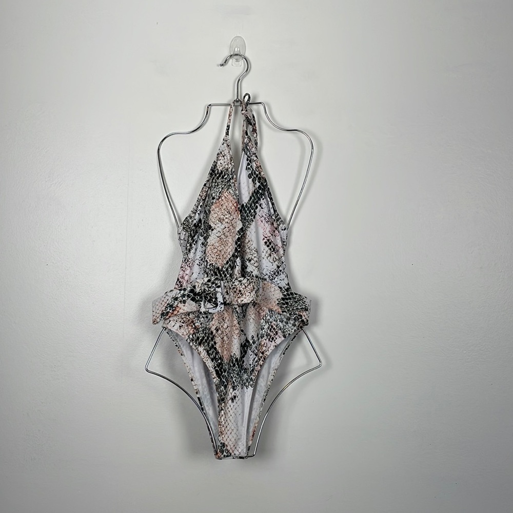 Halter One-Piece Swimsuit in Snake Print